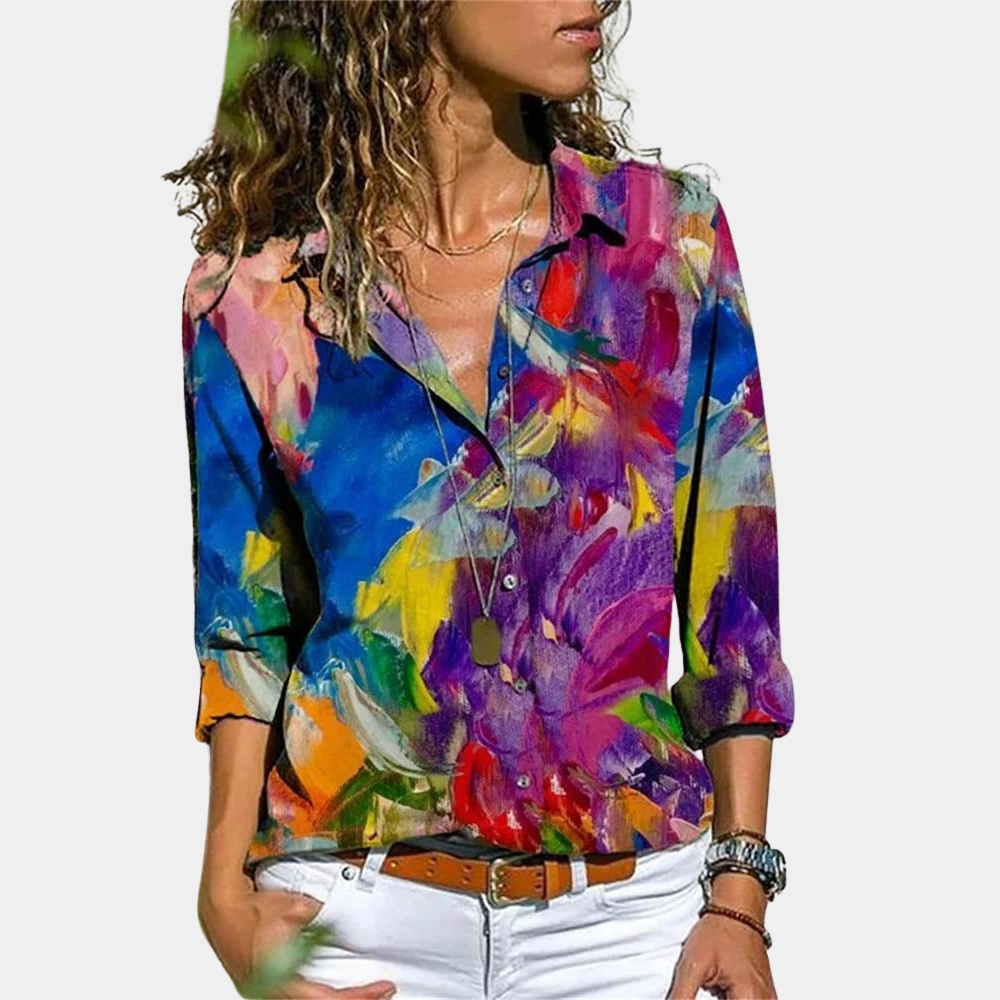 Damebluse med farverigt print