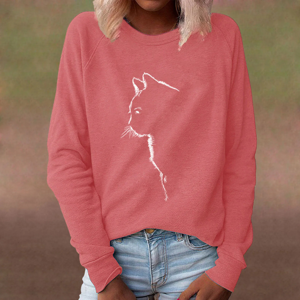 ADRIA - Afslappet Sweater med Katteprint til Dame