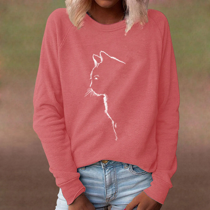 ADRIA - Afslappet Sweater med Katteprint til Dame
