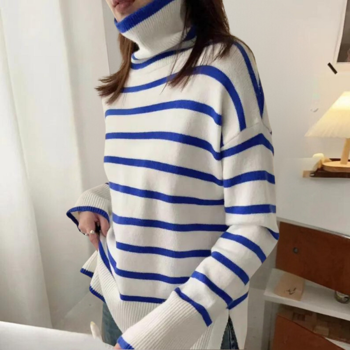 Clarice - Moderigtig stribet rullekravesweater til kvinder