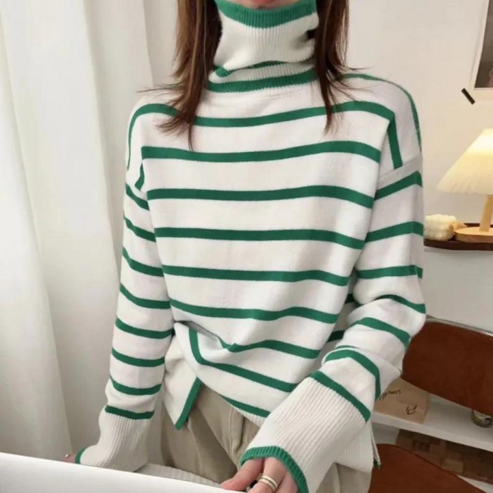 Clarice - Moderigtig stribet rullekravesweater til kvinder