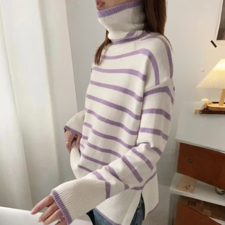 Clarice - Moderigtig stribet rullekravesweater til kvinder