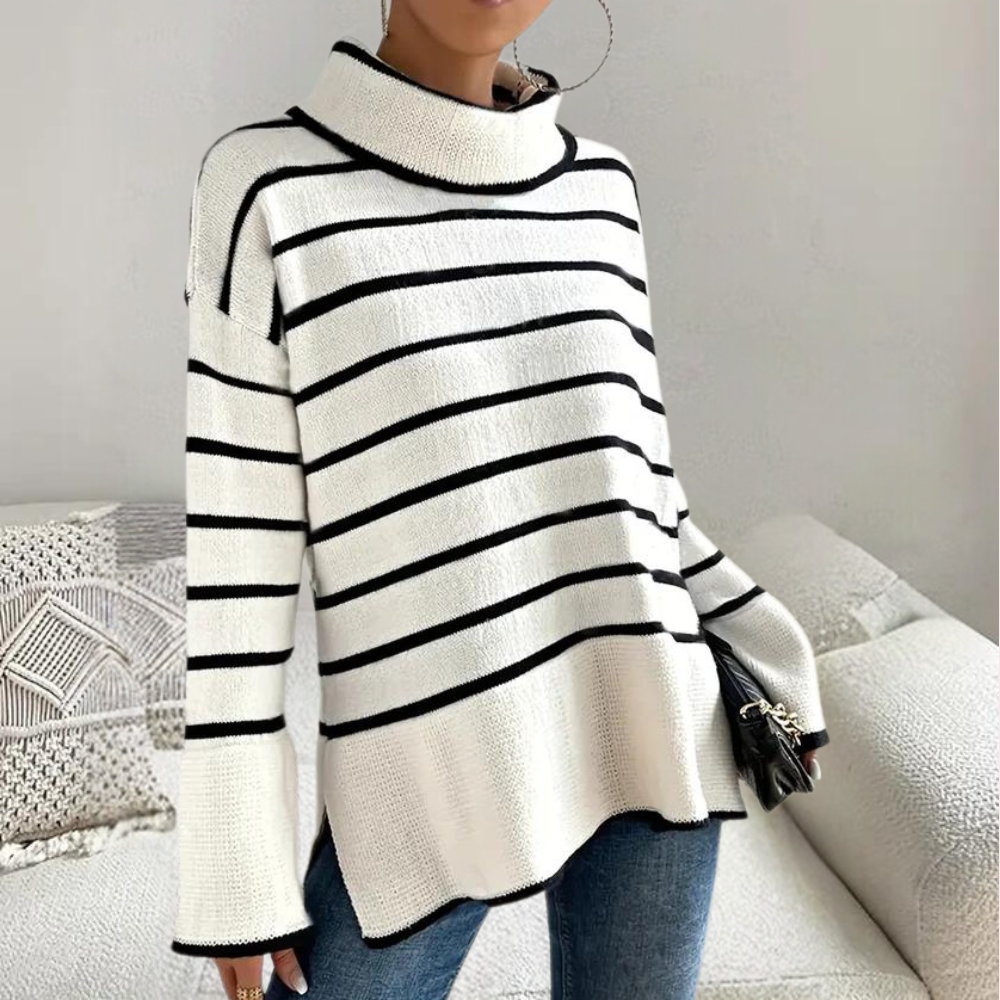 Clarice - Moderigtig stribet rullekravesweater til kvinder