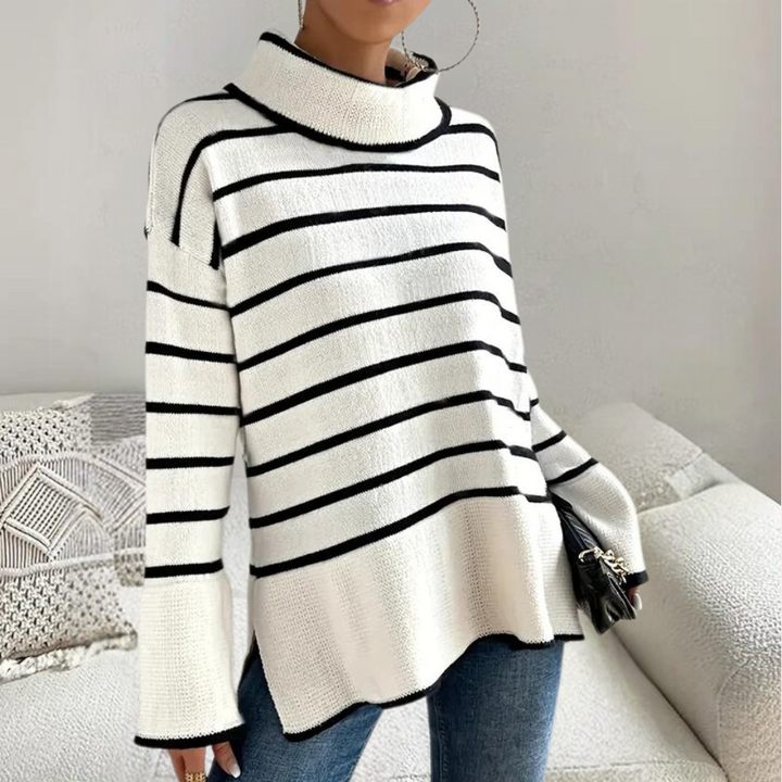 Clarice - Moderigtig stribet rullekravesweater til kvinder