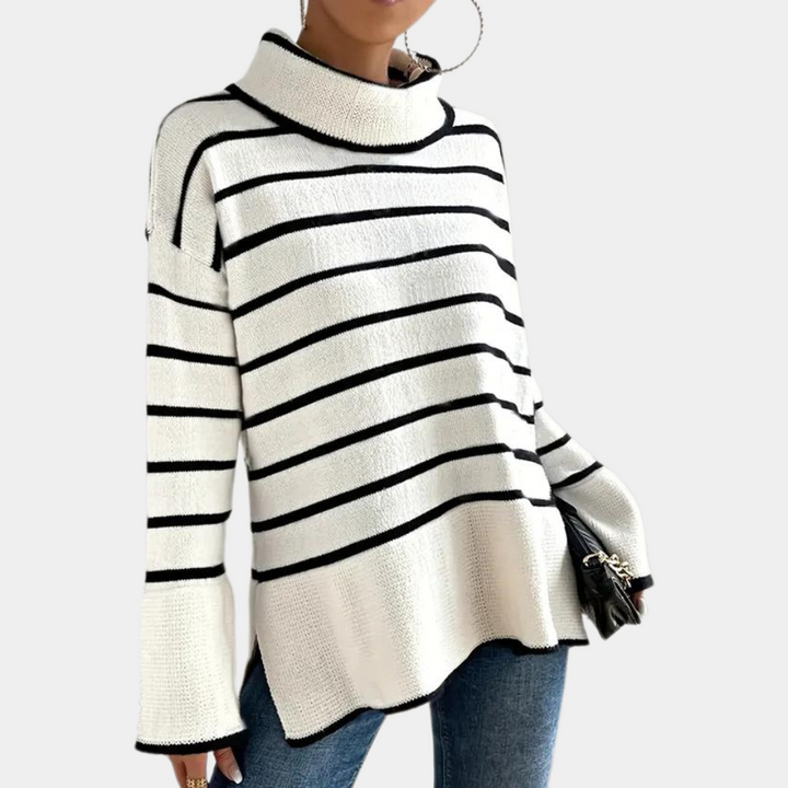 Clarice - Moderigtig stribet rullekravesweater til kvinder