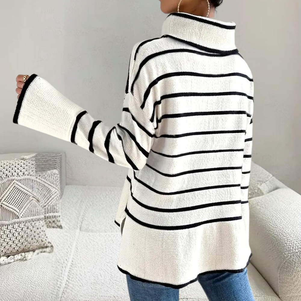 Clarice - Moderigtig stribet rullekravesweater til kvinder