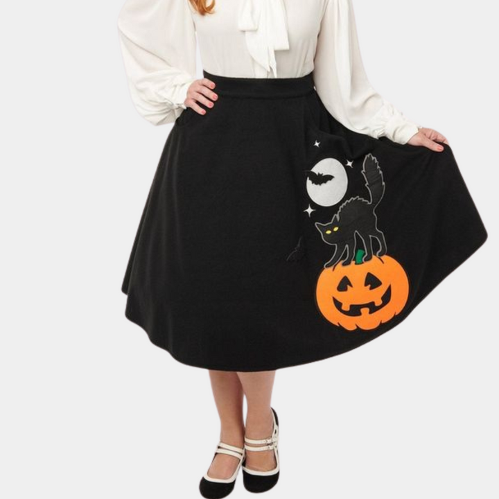 Jolan - Elegant Halloween-nederdel med katte- og græskarmotiv