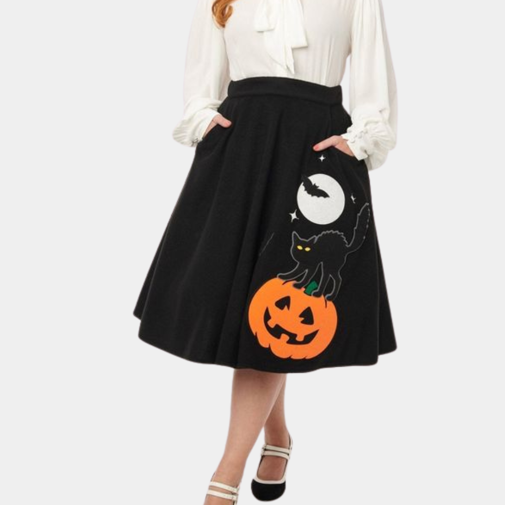 Jolan - Elegant Halloween-nederdel med katte- og græskarmotiv