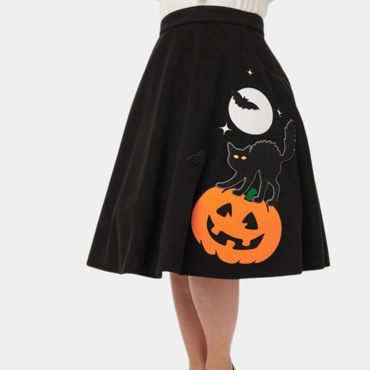 Jolan - Elegant Halloween-nederdel med katte- og græskarmotiv