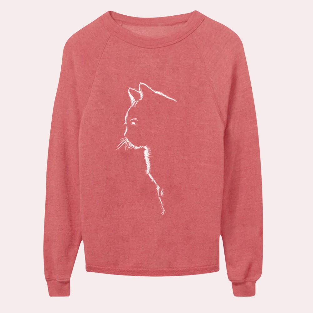 ADRIA - Afslappet Sweater med Katteprint til Dame